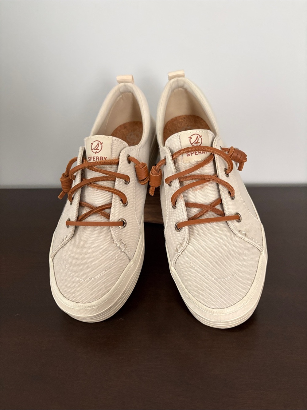 Sperry Women’s Cream Canvas Boat Shoes with Brown Laces